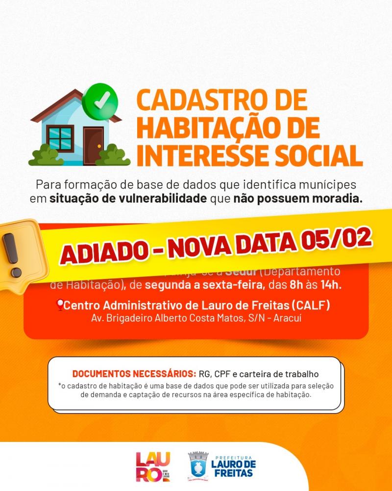 NOVA DATA: Sedur Lauro de Freitas reabre cadastro habitacional na segunda-feira (05/02)