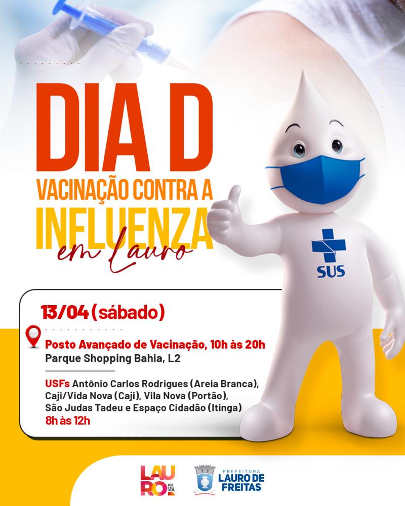 Prefeitura de Lauro de Freitas promove 'Dia D' de vacinação contra Influenza neste sábado (13); confira público e locais
